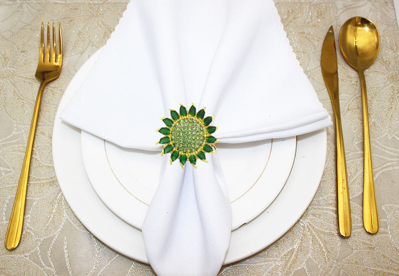 Green Rhinestone Sunflower Napkin Rings For Table Decoration