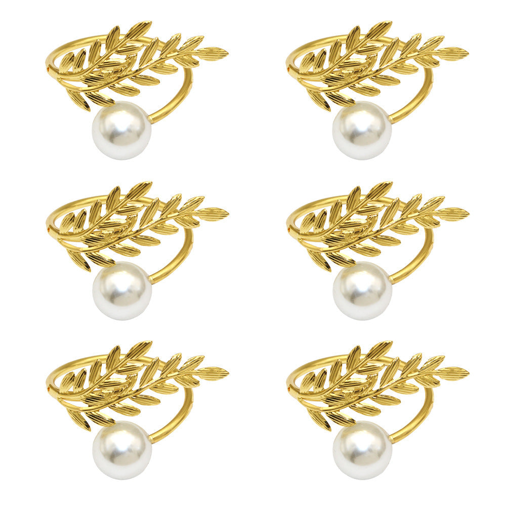Gold Wheat Branch Pearl Napkin Rings For Table Decoration
