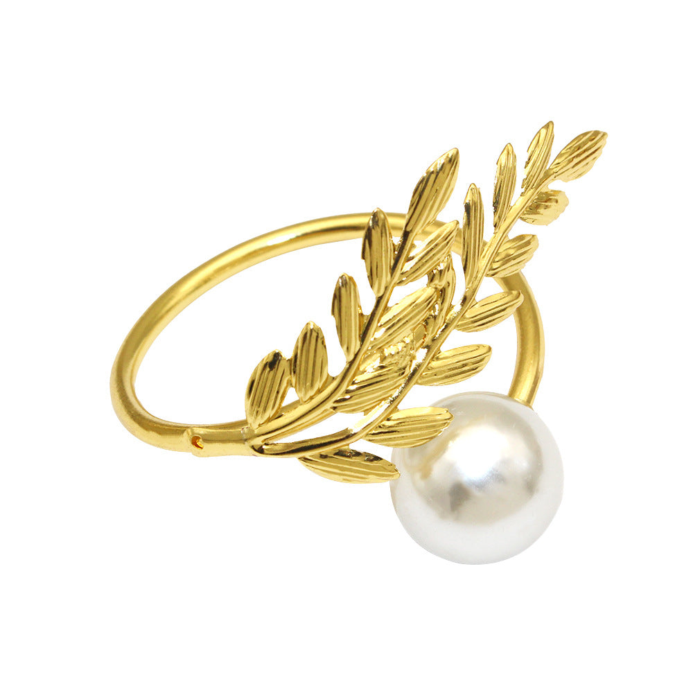 Gold Wheat Branch Pearl Napkin Rings For Table Decoration