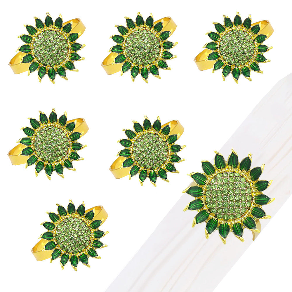 Green Rhinestone Sunflower Napkin Rings For Table Decoration