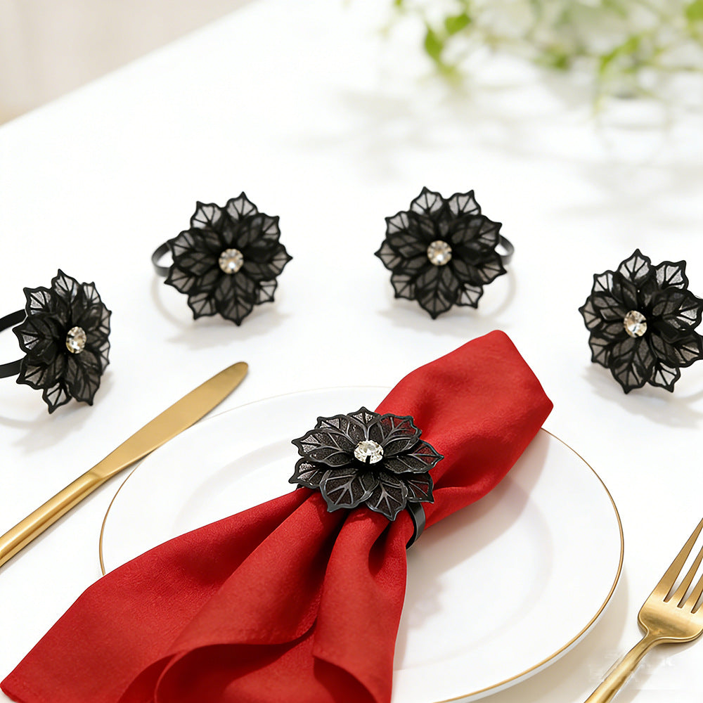 Black Rose Flower Napkin Rings For Table Decoration