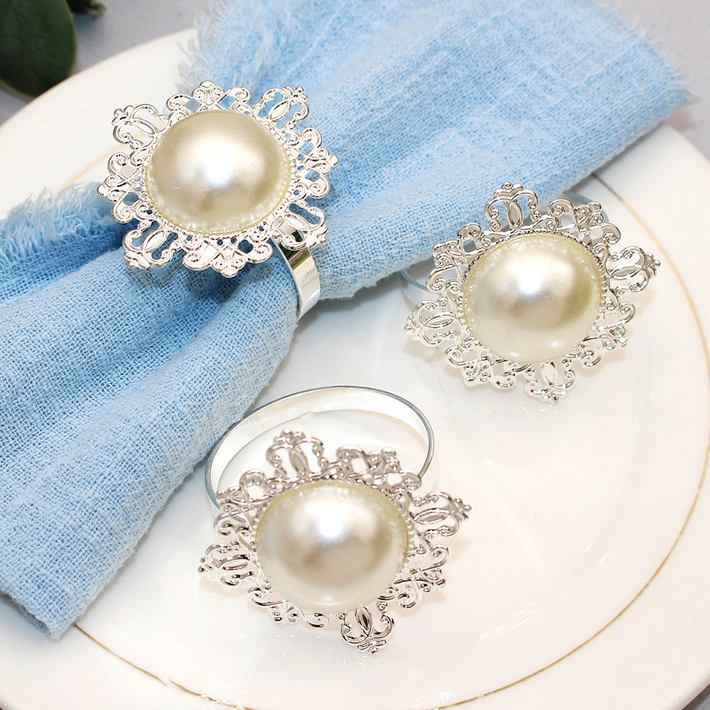 Silver Pearl Flower Napkin Rings For Table Decoration