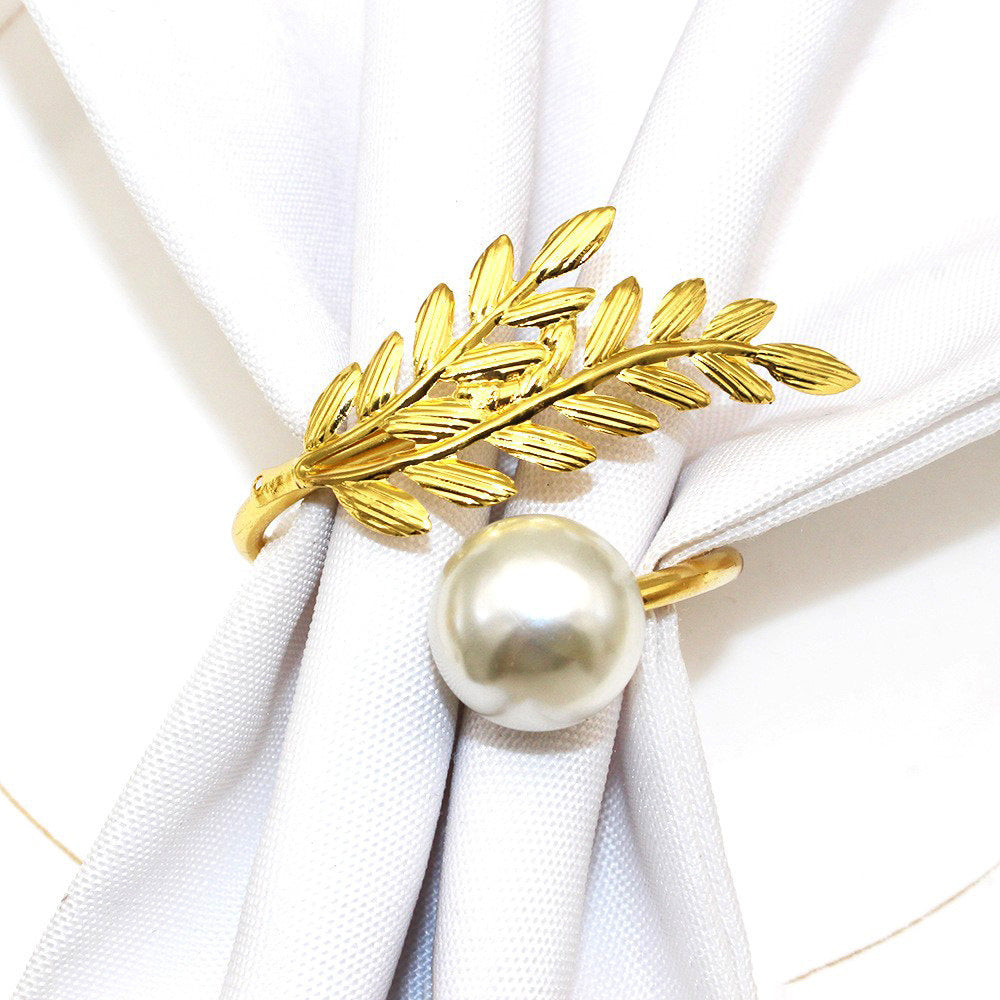 Gold Wheat Branch Pearl Napkin Rings For Table Decoration