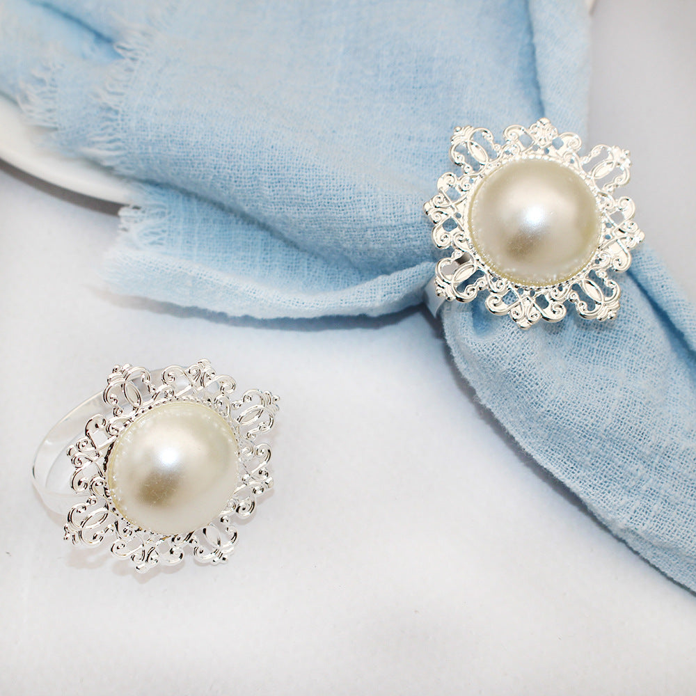 Silver Pearl Flower Napkin Rings For Table Decoration
