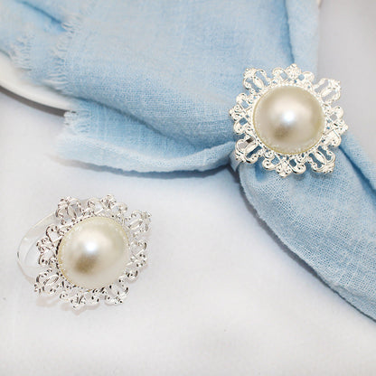 Silver Pearl Flower Napkin Rings For Table Decoration