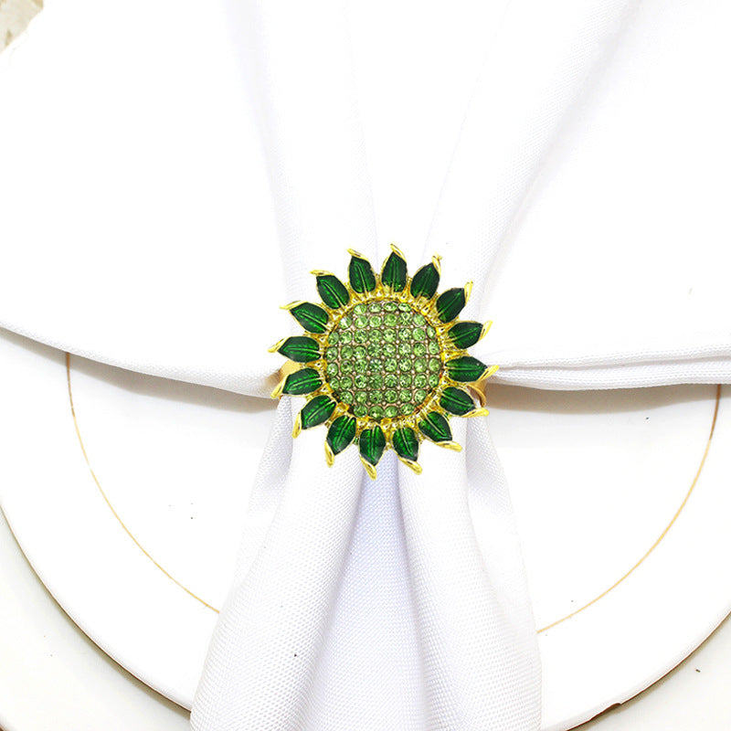 Green Rhinestone Sunflower Napkin Rings For Table Decoration