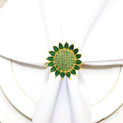 Green Rhinestone Sunflower Napkin Rings For Table Decoration