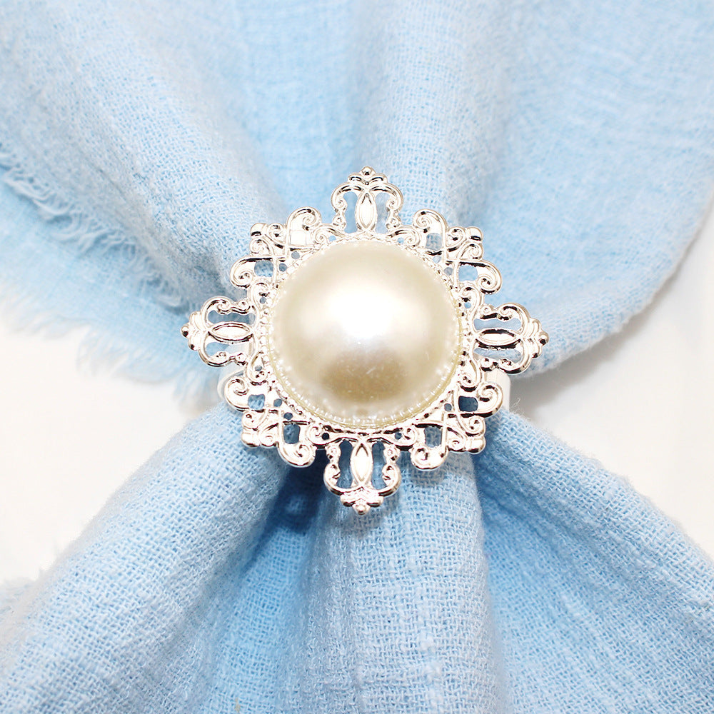 Silver Pearl Flower Napkin Rings For Table Decoration