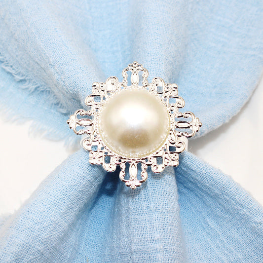 Silver Pearl Flower Napkin Rings For Table Decoration