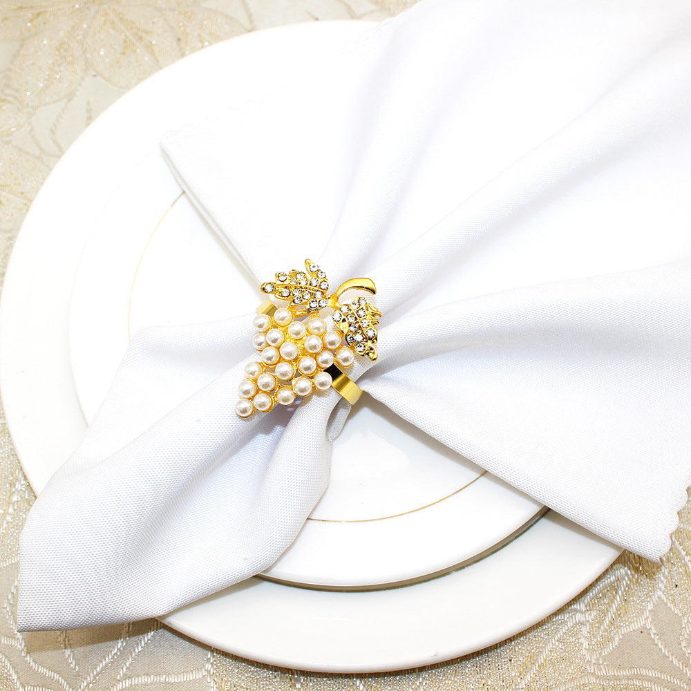 Gold Pearl Grape Cluster Napkin Rings For Table Decoration