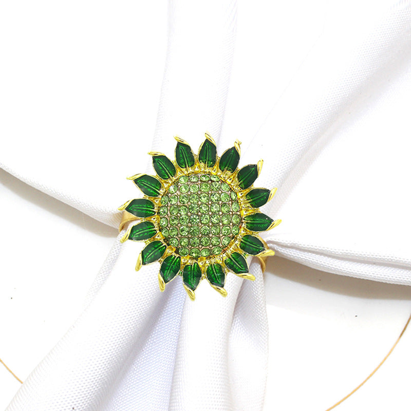 Green Rhinestone Sunflower Napkin Rings For Table Decoration