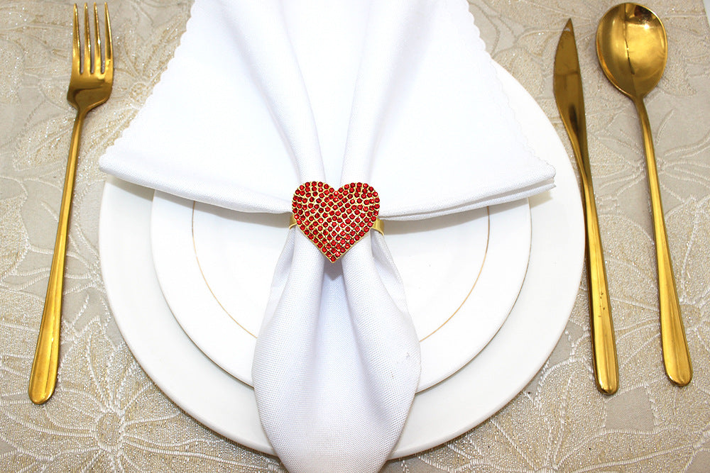 Red Rhinestone Heart Napkin Rings For Table Decoration