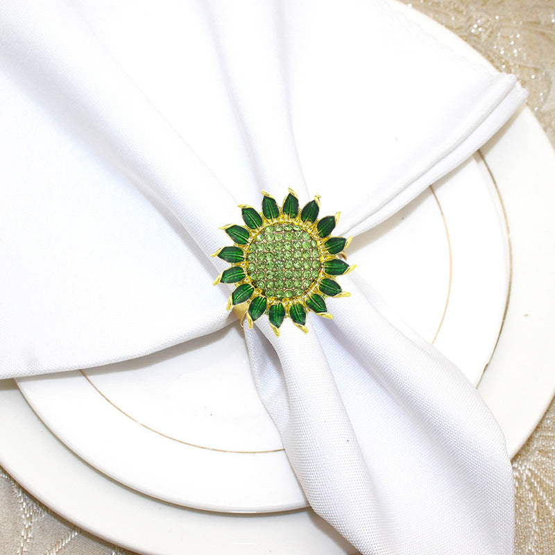 Green Rhinestone Sunflower Napkin Rings For Table Decoration