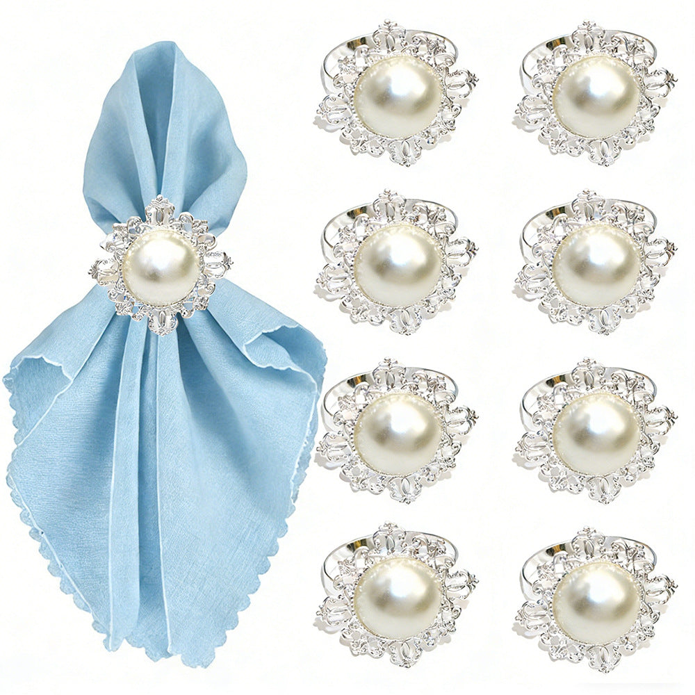 Silver Pearl Flower Napkin Rings For Table Decoration