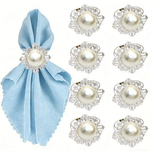 Silver Pearl Flower Napkin Rings For Table Decoration