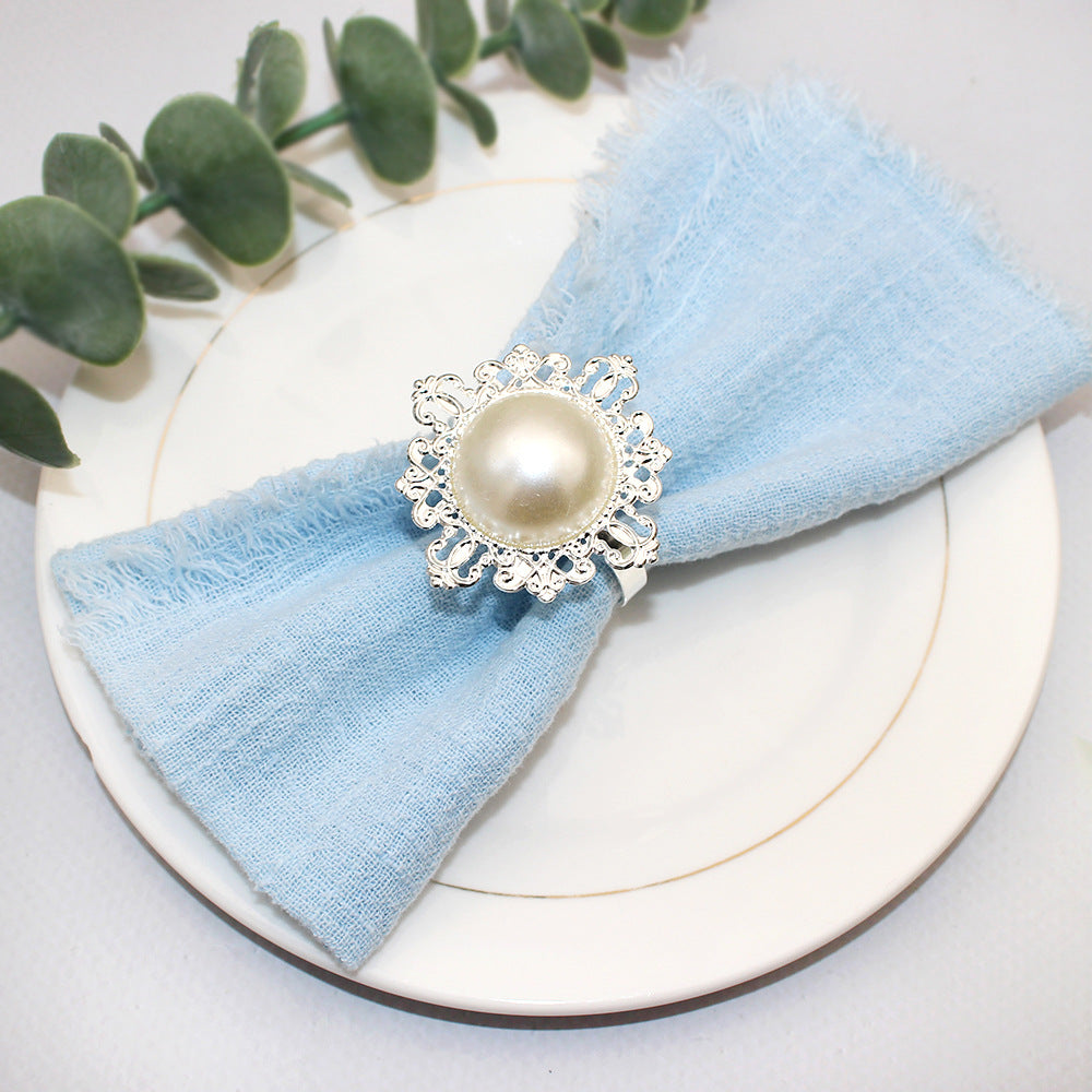 Silver Pearl Flower Napkin Rings For Table Decoration