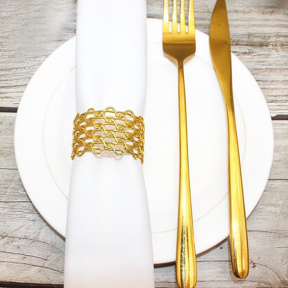 Gold Metal Woven Mesh Napkin Rings For Table Decoration