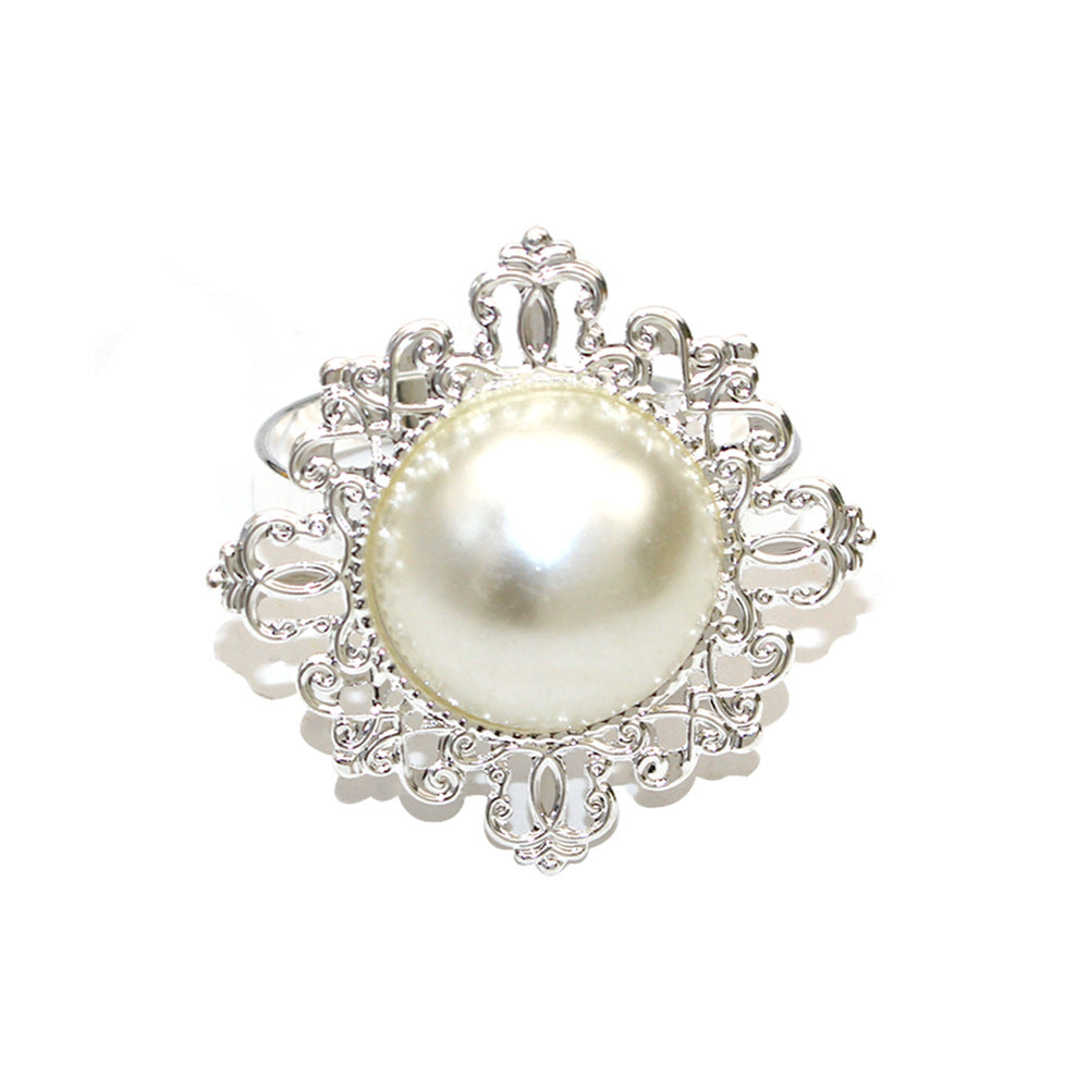 Silver Pearl Flower Napkin Rings For Table Decoration