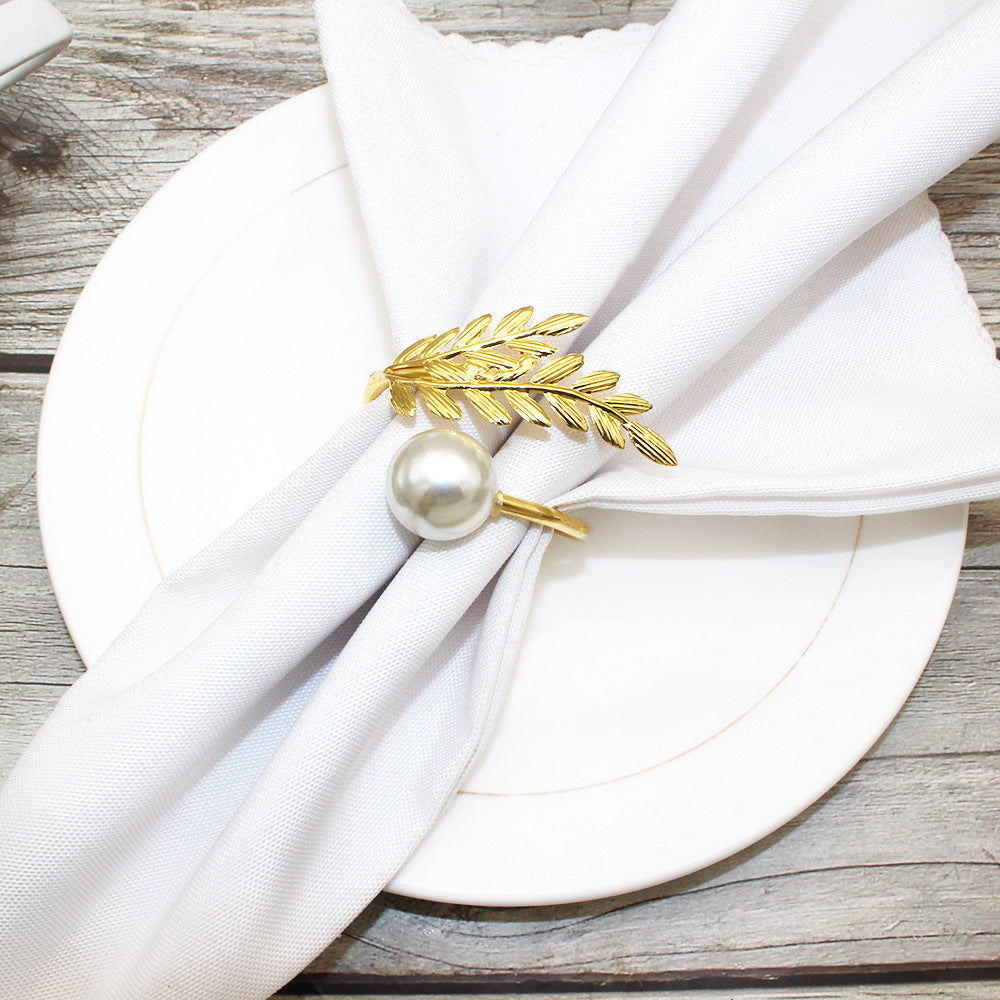 Gold Wheat Branch Pearl Napkin Rings For Table Decoration