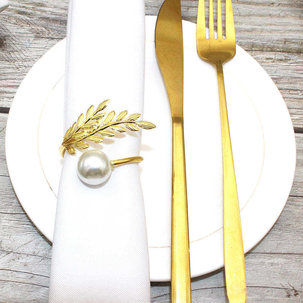 Gold Wheat Branch Pearl Napkin Rings For Table Decoration