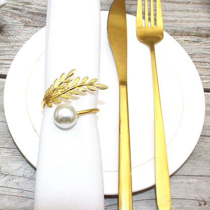 Gold Wheat Branch Pearl Napkin Rings For Table Decoration