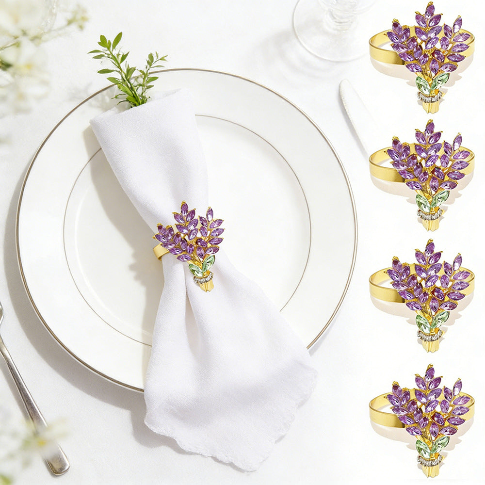 Purple Crystal Lavender Bouquet Napkin Rings For Table Decoration