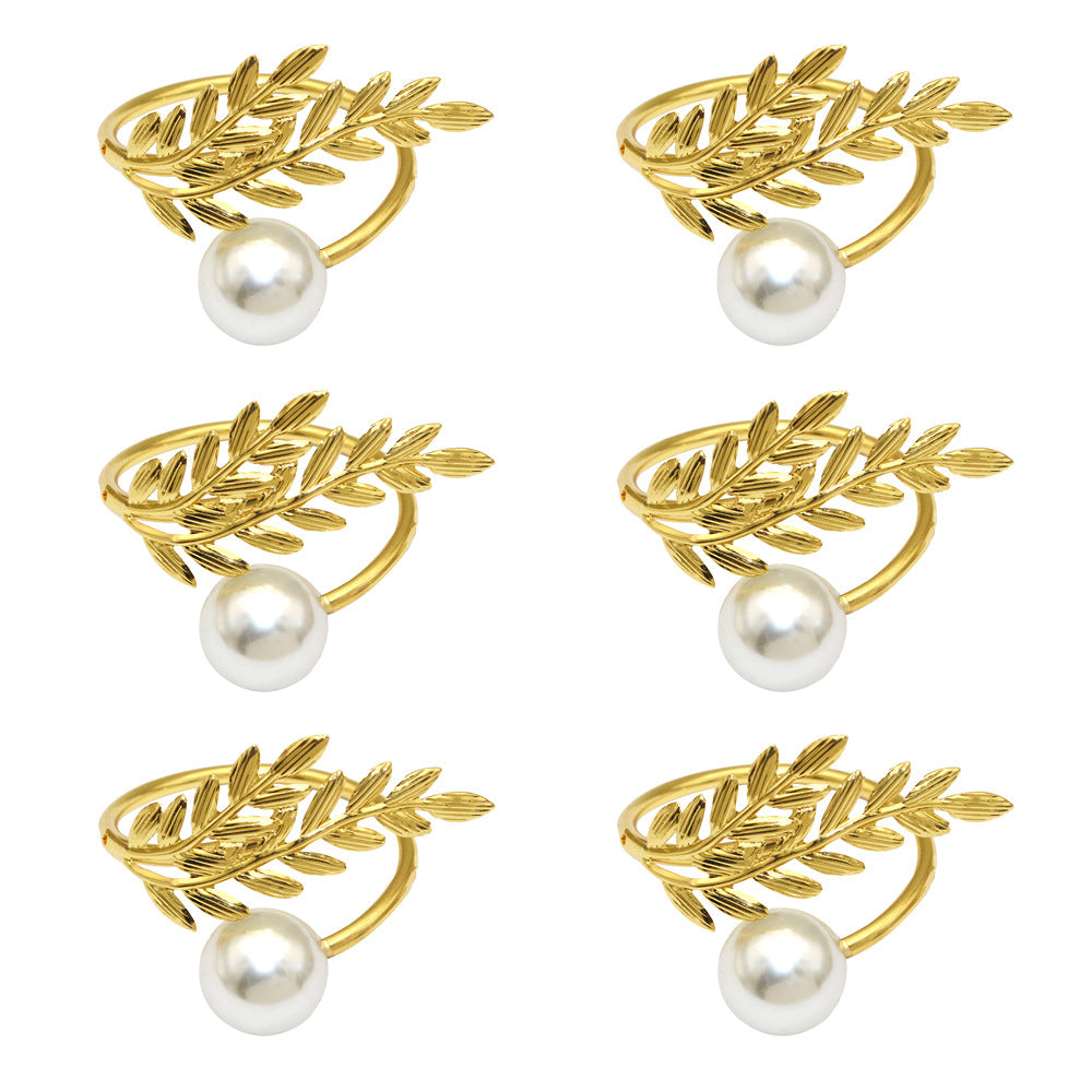 Gold Wheat Branch Pearl Napkin Rings For Table Decoration