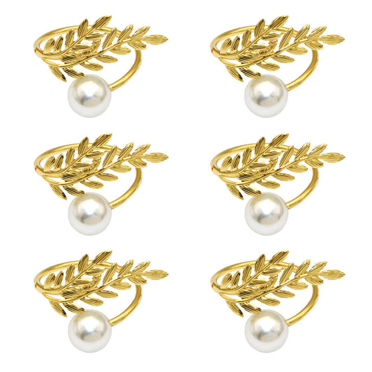 Gold Wheat Branch Pearl Napkin Rings For Table Decoration