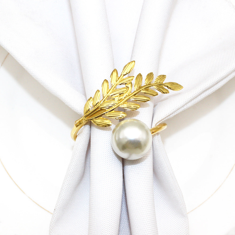 Gold Wheat Branch Pearl Napkin Rings For Table Decoration